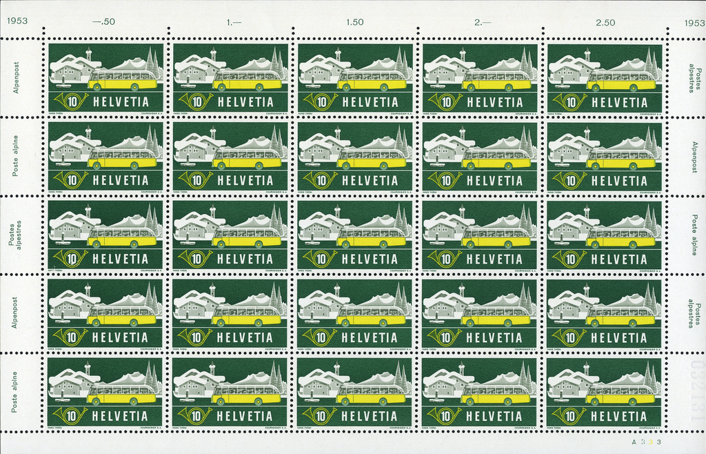 1953, 10 Rp. Alpenpost im Winter, Abart:"Retouche zwischen V und Strich"