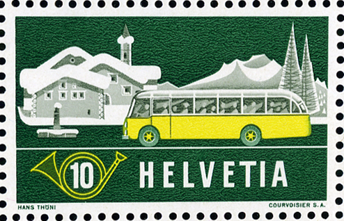 1953, 10 Rp. Alpenpost im Winter, Abart:"Retouche zwischen V und Strich"