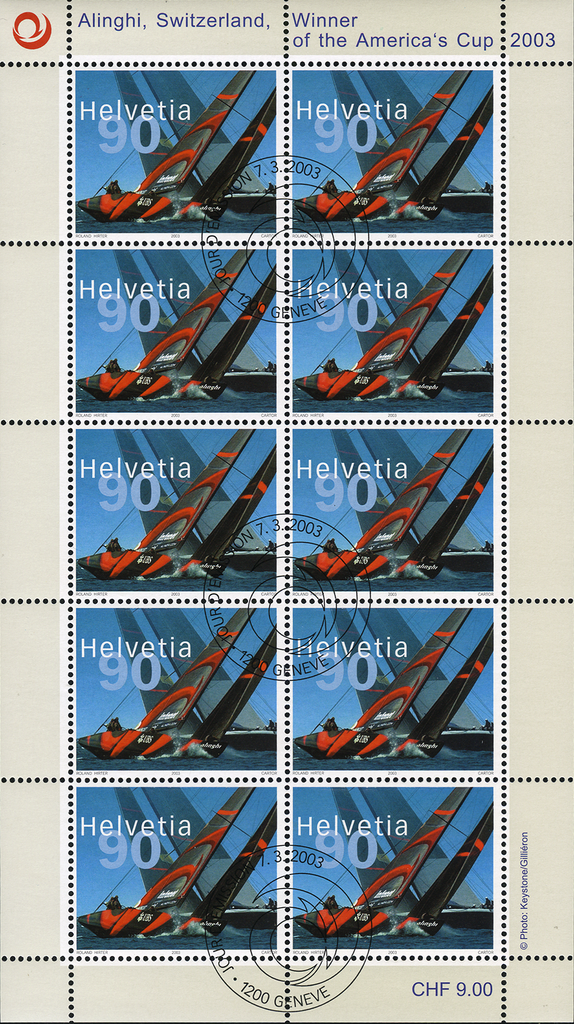 90 Rp. Alinghi - Switzerland, Abart:"Markanter schwarzer Fleck"