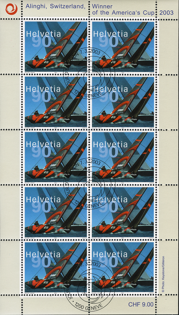 90 Rp. Alinghi - Switzerland, Abart:"Markanter schwarzer Fleck"