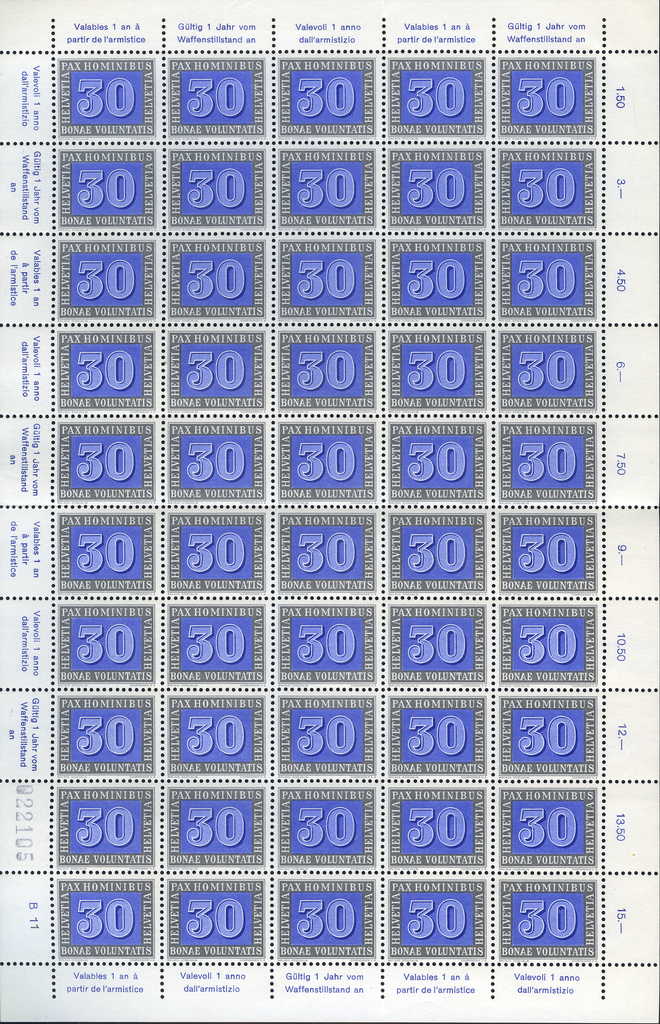 30 Rp. blau-grau, &quot;Glorienschein unterhalb der Ziffer O&quot;