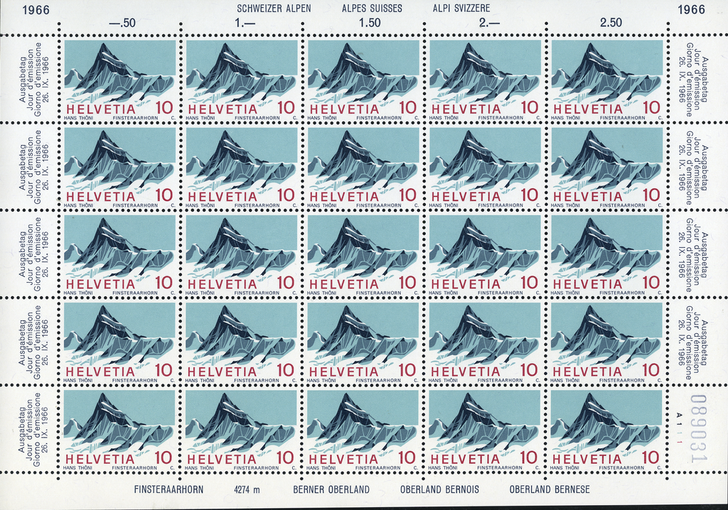 10. Rp. Finsteraahorn, &quot;Retouche im bläulichgrün rechts vom Bergspitze&quot; (Bg.A111, 7.M) und &quot;Punktgrosse Retouche am Fuss des kleinen Berges links&quot; (Bg.A111, 23.M)
