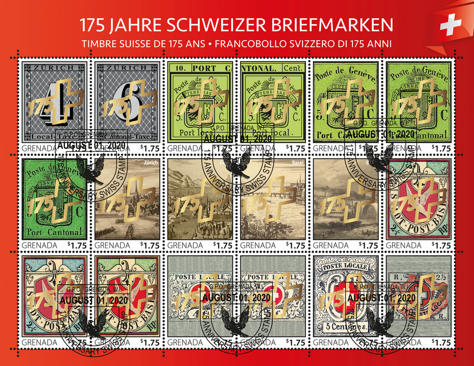 Kleinbogen "175 Jahre Schweizer Briefmarken" mit GOLDÜBERDRUCK