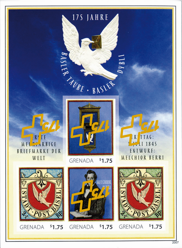 Sonderblock "175 Jahre Basler Taube" mit GOLDÜBERDRUCK kopfstehend UNGEZÄHNT