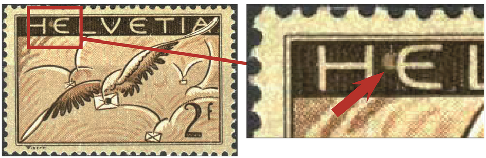 2 Fr. Brieftaube, dunkelbraun-hellbraun, "Heller Fleck zwischen H und E"