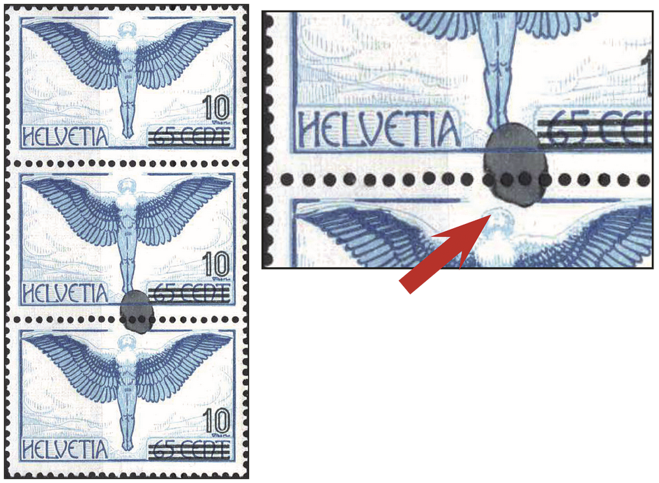 10-65 Rp. Ikarus, blau-hellblau, &quot;Grosser Fleck der Aufdruckfarbe über 2 Marken&quot;