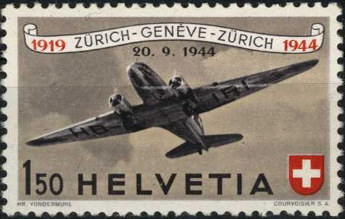 150 Rp. Douglas-DC3, "Feiner farbloser Strich waagrechter vom Flügel zum Rumpf "