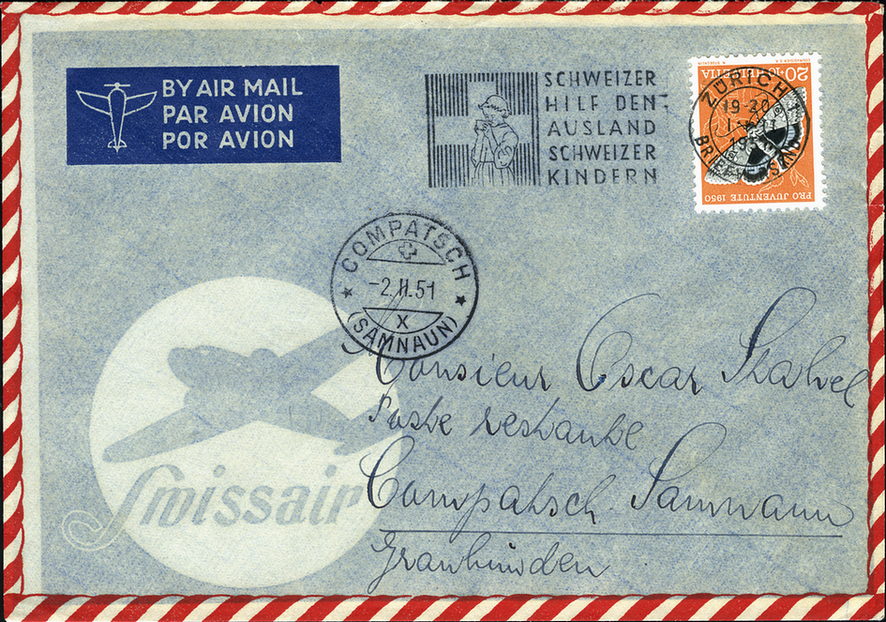 1951, Militär-Notflug Lawinenwinter Compatsch vom 2. Februar mit allen Stempeln