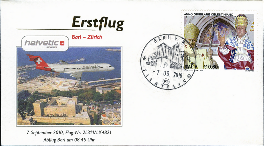 2010, Offizieller Erstflug Helvetic-Airways Bari-Zürich, illustrierter Sonderbeleg