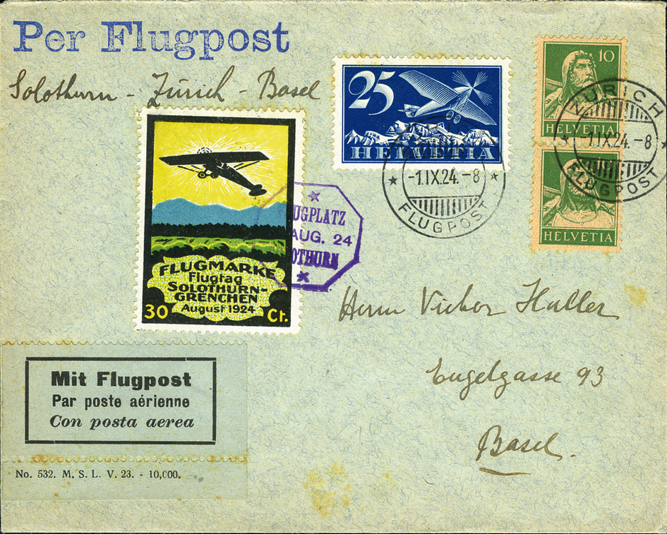1924, Flugtag Solothurn-Grenchen, Vignette 30 Rp. schwarz-gelb-blau-grün, "Berge mit weisser Horizontlinie"
