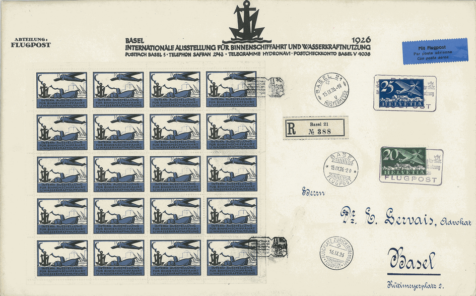 1926, 1. Internationale Binnenschiffahrts-Austellung, OK-Vignette graublau-schwarz, "Retouche am Flugzeug" (12.M.)