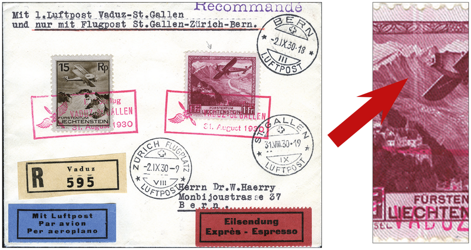 1930, Postflug Vaduz - St.Gallen, 1 Fr. Flugzeug, &quot;Senkrechte weisse Wischstriche&quot;