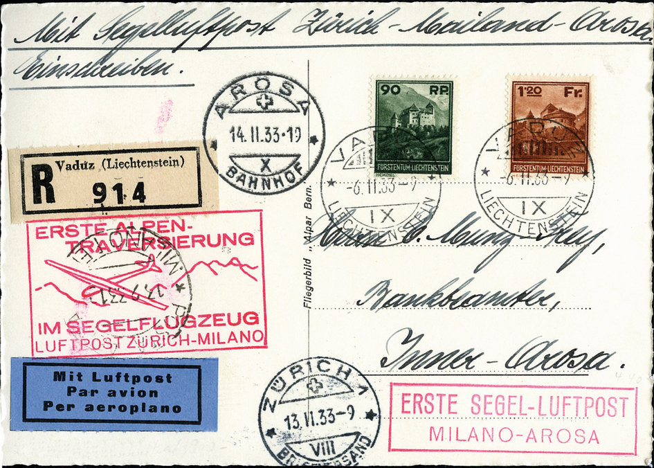 1933, Schleppsegelflug Zürich - Milano - Arosa ab Liechtenstein