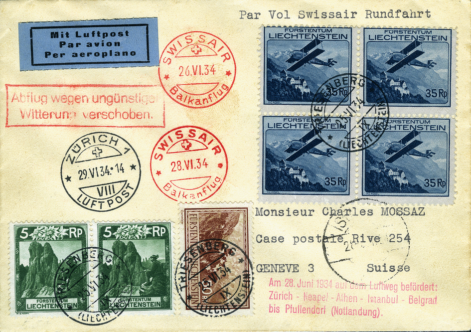1934, Balkanflug der Swissair, Zürich - Istanbul - Zürich ab Liechtenstein