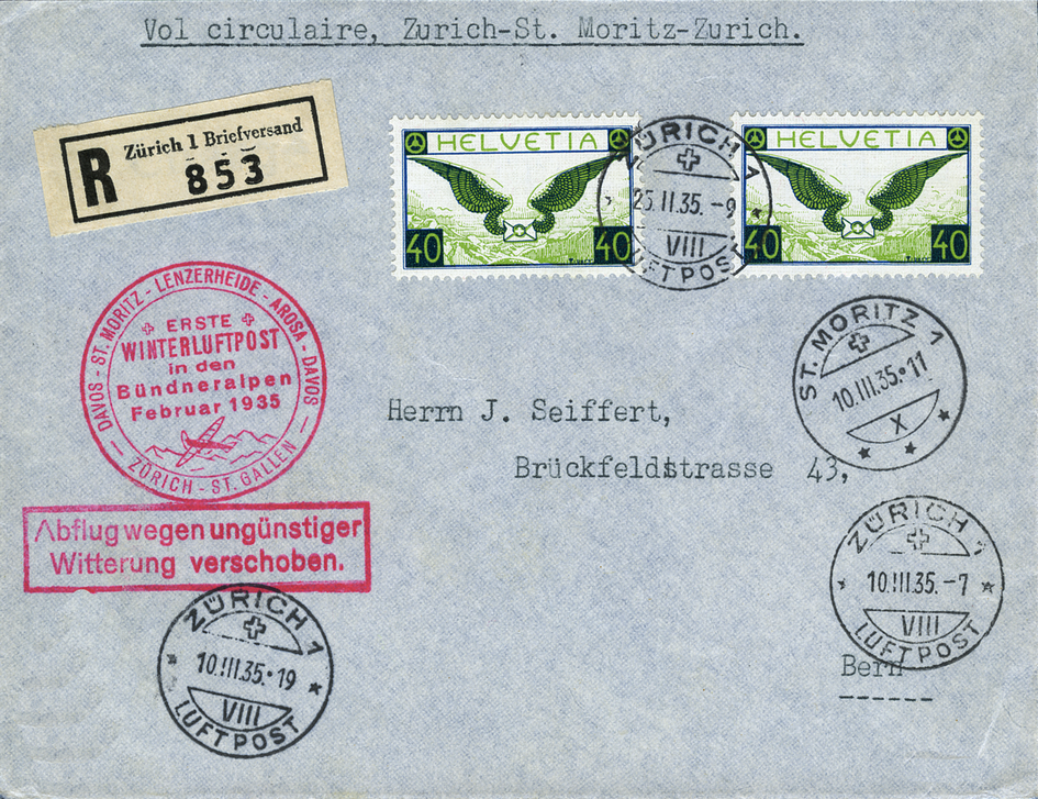 1935, 1. Winterluftpost in den Bündneralpen, Zürich - St. Moritz - Zürich