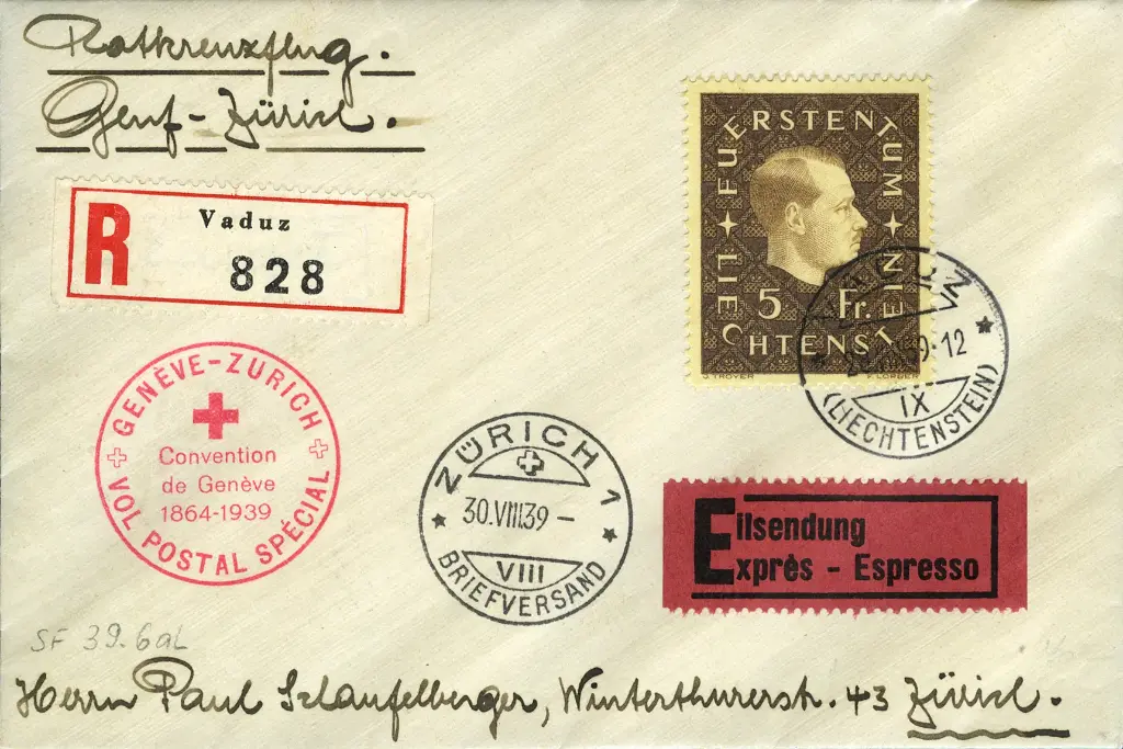 1939, Genf - Zürich - Genf, Rotkreuz-Postflüge ab Liechtenstein