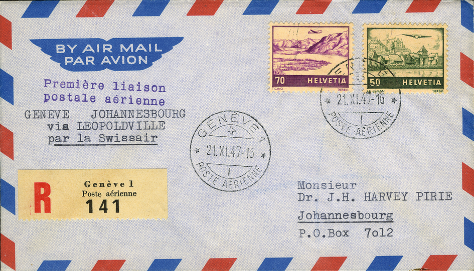 1947, Genf - Johannesburg, zusätzlich mit Abart: &quot;Weisses Dach&quot; frankiert