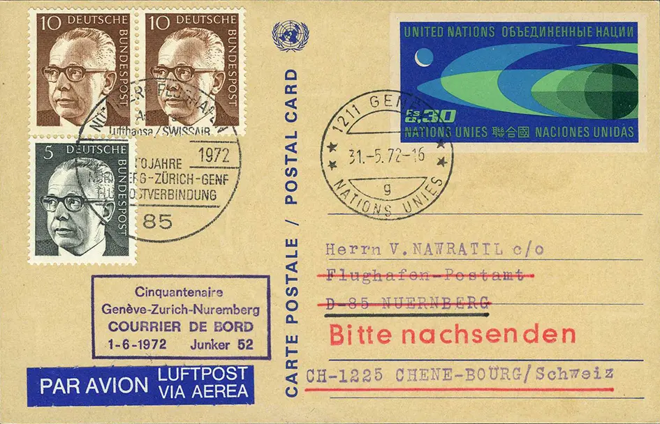 1972, Genf - Nürnberg, deutsche und UNO Frankatur, Jubiläumsflug der JU-52 "50 Jahre Internationaler Luftpostverkehr"