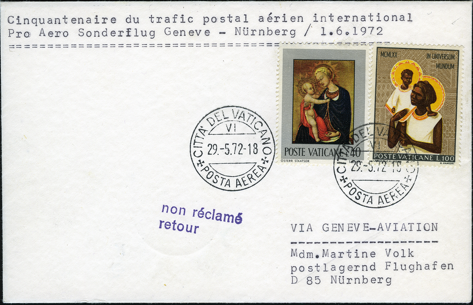1972, Genf - Nürnberg, Vatikan- Frankatur, Jubiläumsflug der JU-52 &quot;50 Jahre Internationaler Luftpostverkehr&quot;