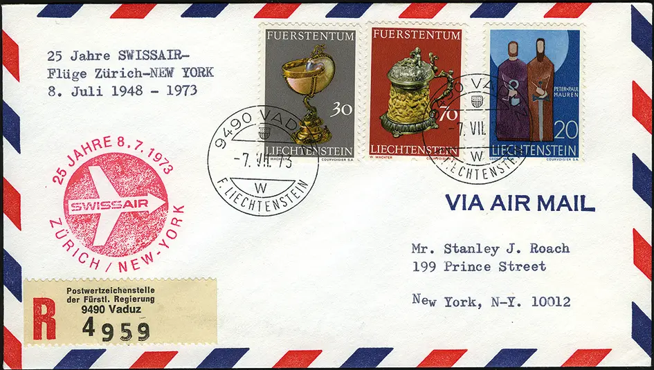 1973, Zürich - New York ab Liechtenstein, Jubiläumsflug mit einer Swissair DC-10 "25 Jahre Swissair-Flüge"