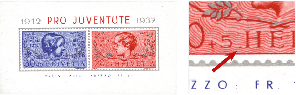 1937, 25 Jahre Pro-Juventute-Marken, "Roter Punkt vor H"