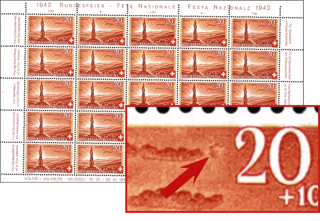20+10 Rp. Forch-Denkmal, "Retouche zwischen Wolke und 2"