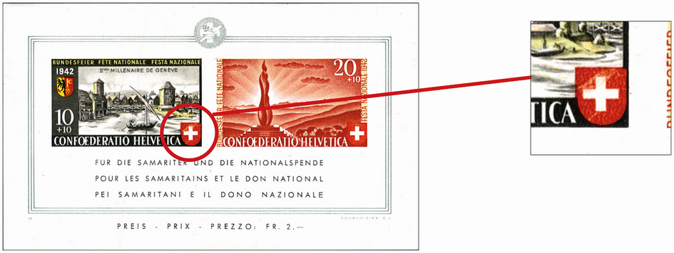 10+10 Rp. ungezähnt, "Rotzylinder im Schweizer Wappen defekt"