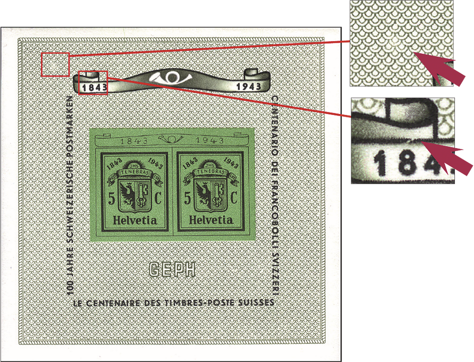 1943, Nationale Briefmarkenausstellung in Genf (GEPH), &quot;Heller Fleck in der linken oberen Ecke&quot; und &quot;Gebrochene Linie über 1843&quot;