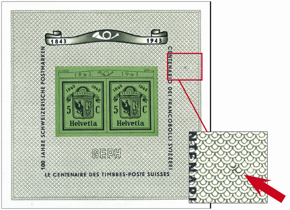 1943, Nationale Briefmarkenausstellung in Genf (GEPH), &quot;Dunkler Fleck im Hintergrund rechts von Centenario&quot;