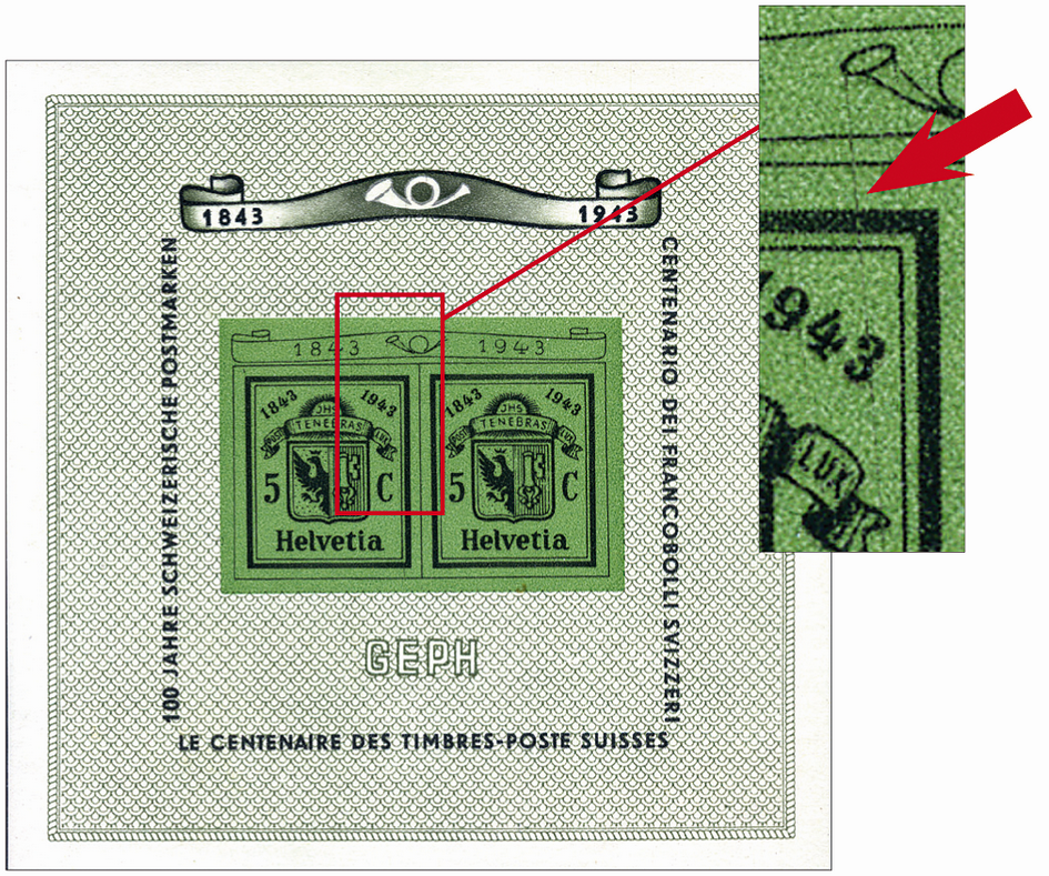 1943, Nationale Briefmarkenausstellung in Genf (GEPH), "Farbiger Strich vom Posthorn durch 3 vom 1943 bis zum Rand beim C"