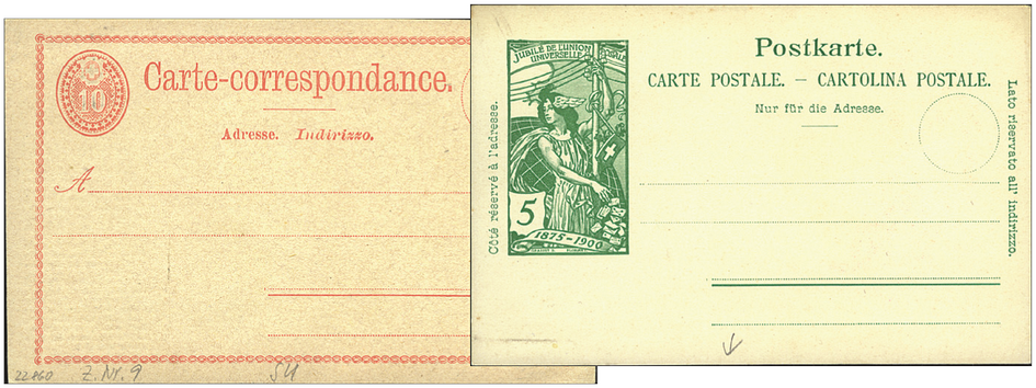 1875-1900, Suchard-Zudrucke, ungebauchte Postkarte Nr. 9 und 5 Rp. und UPU-Ganzsache grün