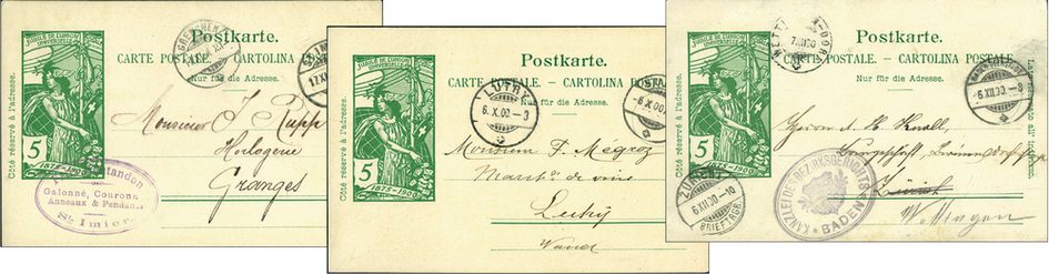 1900, Suchard-Bildzudrucke, 3 verschiedenen 5 Rp. UPU-Postkarten grün