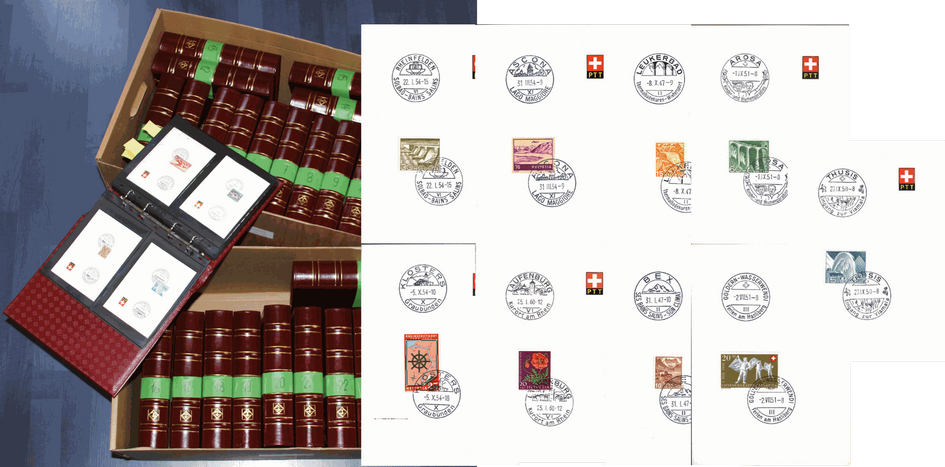 1942-2007, Werbedatumstempel-Kollektion, über 1963 verschiedene PTT-Sammelbögli in 26 Alben