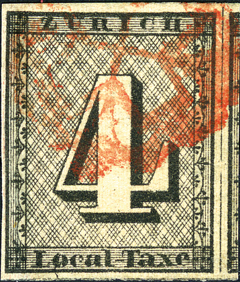1843, Zürich 4, Type II, Plattenfehler: "Farbiger Strich von der Schnittlinie durch das O"