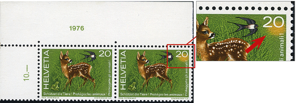 20 Rp. Tierschutz, "Grosse, gelbe Farbfehlstelle"