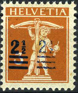 2 1/2 - 3 Rp. braunorange, "Deutlicher Doppel-Aufdruck links und rechts vom Schaft der Armbrust schwach"