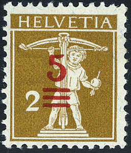 5-2 Rp. gelboliv Type III, &quot;Aufdruck in die Mitte verschoben&quot;
