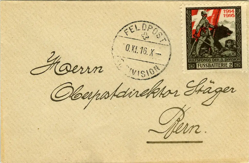grünlichgrau-schwarzbraun-rot, FUSSBATTERIE 2, Soldat mit Schweizer Fahne und Bär, "Spazierstock"