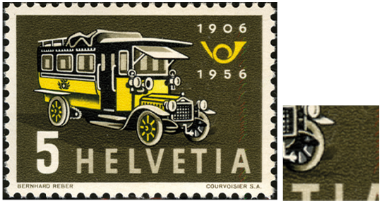 5 Rp. Erstes Postauto, "Retouche am Vorderrad"