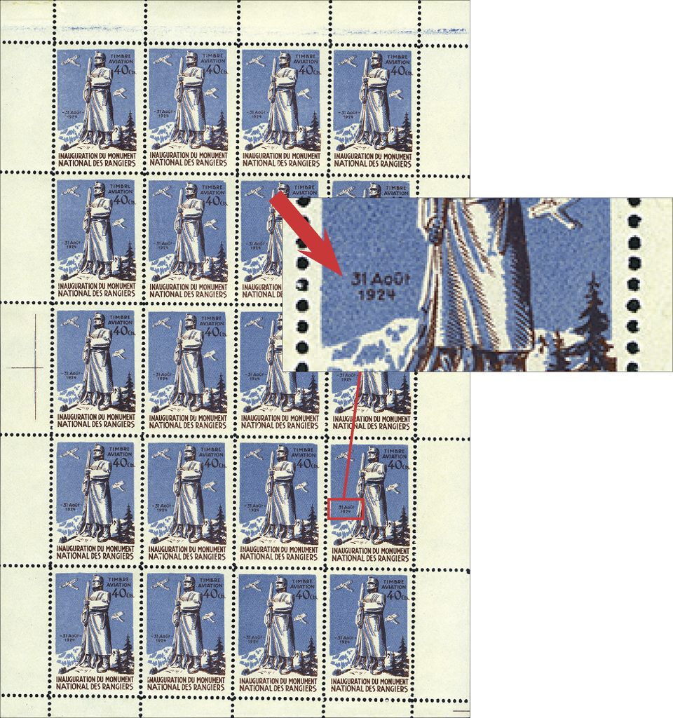 1924, Les Rangiers, 40 Rp. blau-braun, "Fehlende Striche beim Datum"