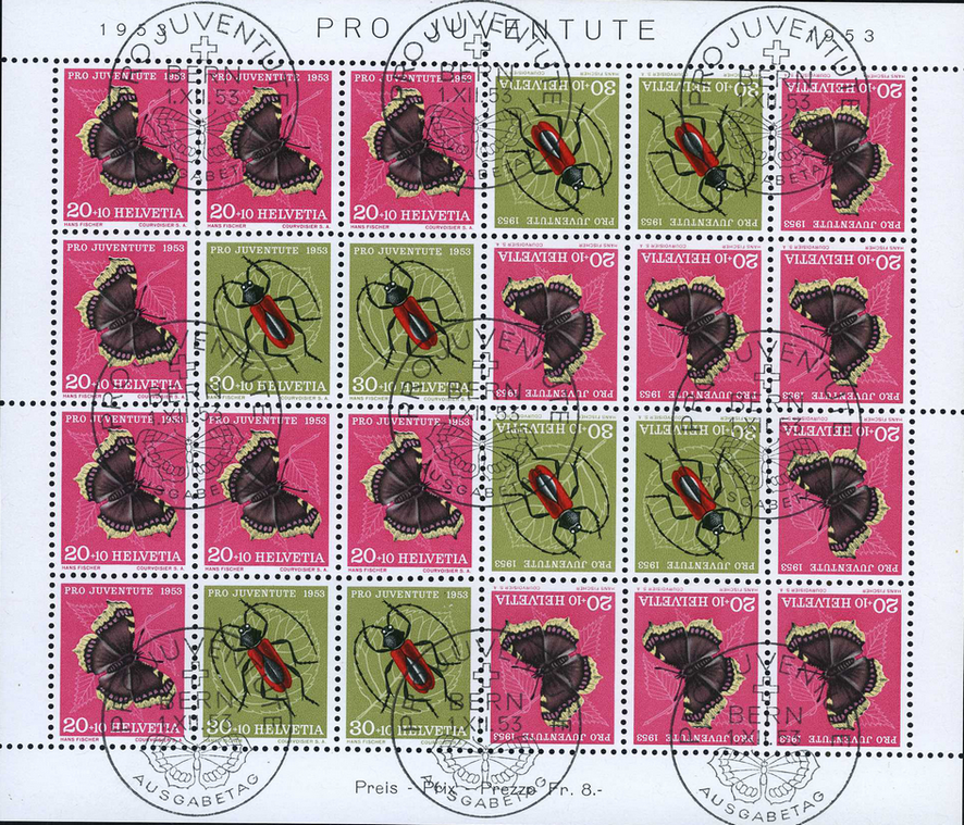 1953, Kehrdruckbogen, 20 Rp. Trauermantel + 30 Rp. Purpur-Bockkäfer, Abart "Schmetterling Ei"