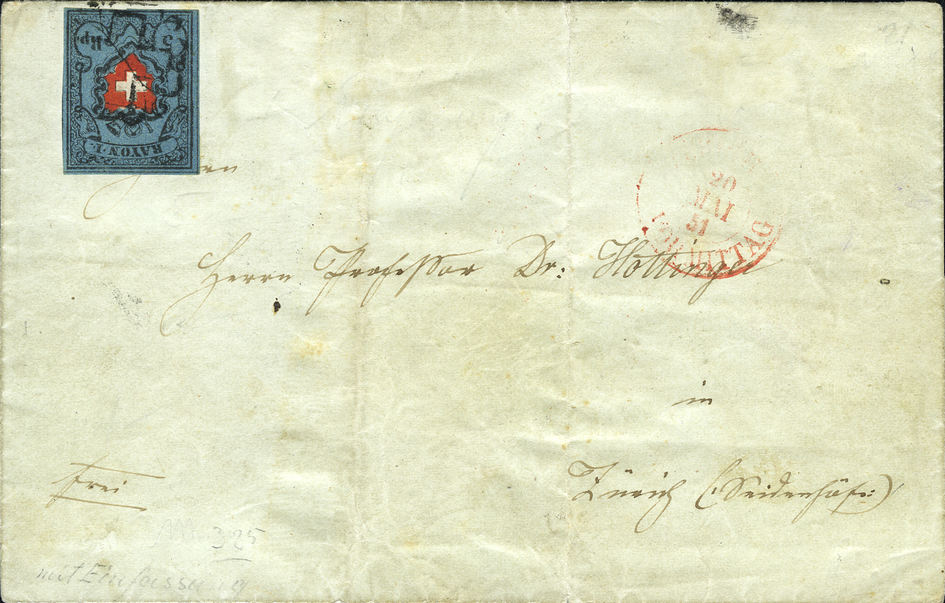 1851, Rayon I auf übergewichtigem Faltbrief im Lokalrayon