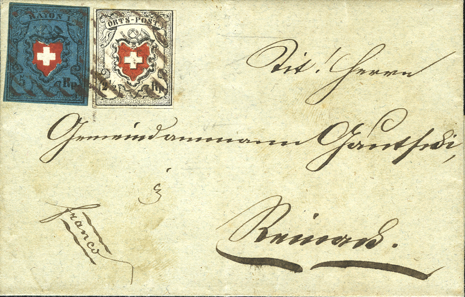 1850, Mischfrankatur Ortspost mit KE und Rayon I ohne KE