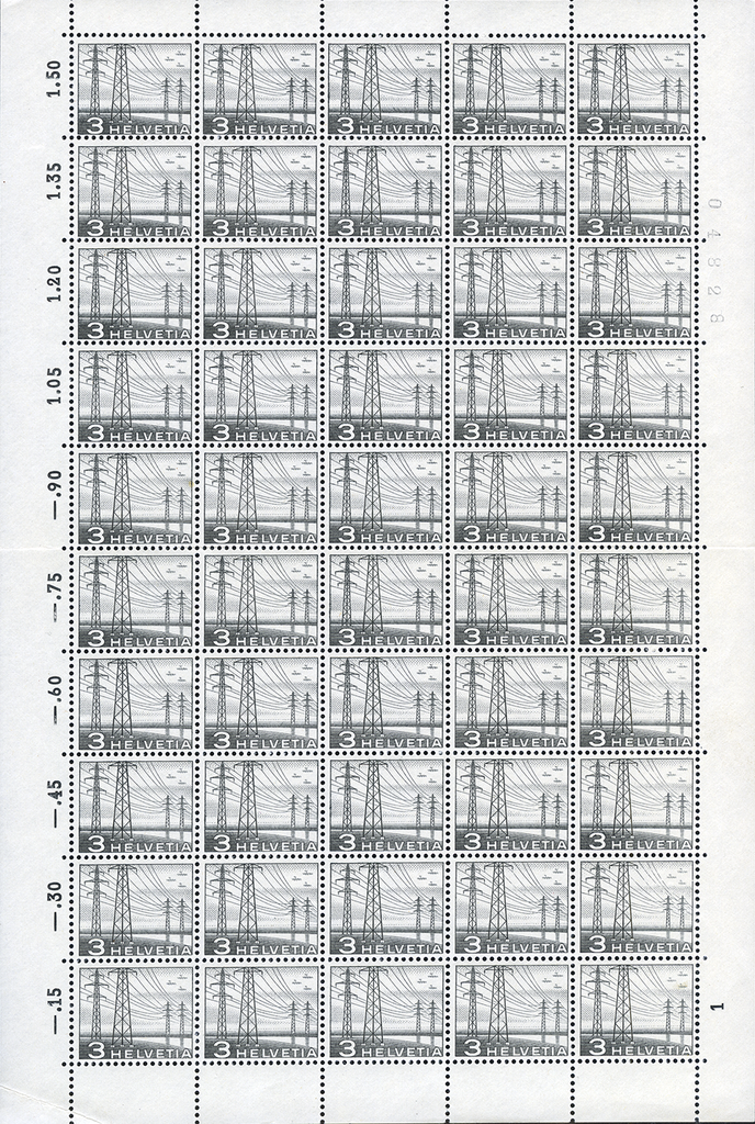 3 Rp. Hochspannungsleitung tiefschwarze Farbe, Originalbogen