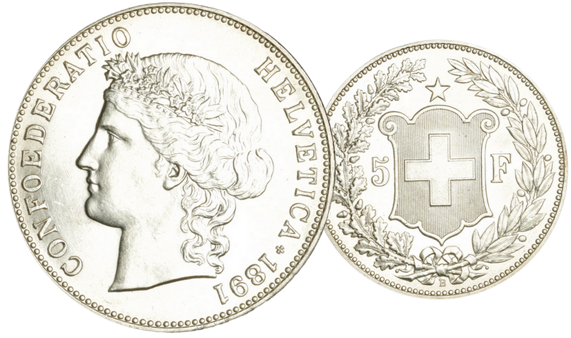 1891, 5 Fr. Helvetia-Kopf