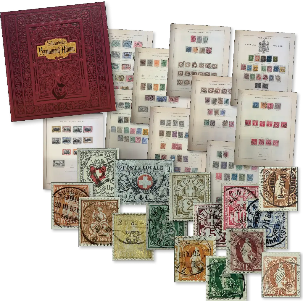 1840-1912, GANZE WELT - Universal-Vordruckalbum: Eine Reise einmal um die WELT mit hunderten frühen Marken-Ausgaben.
