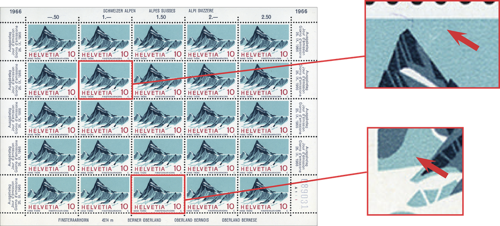 10. Rp. Finsteraarhorn, "Retouche im bläulichgrün rechts vom Bergspitze" (Bg.A111, 7.M) und "Punktgrosse Retouche am Fuss des kleinen Berges links" (Bg.A111, 23.M)