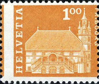 100 Rp. Rathaus Freiburg, "Starke, um 3 mm verschobene Zähnung"