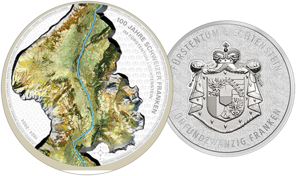 2024, 25-Franken-Silber "100 Jahre Schweizer Franken im Fürstentum Liechtenstein"