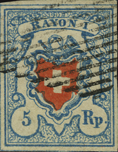 5 Rp. hellblau-rot, Type 2, unbekannter Stein (LO)